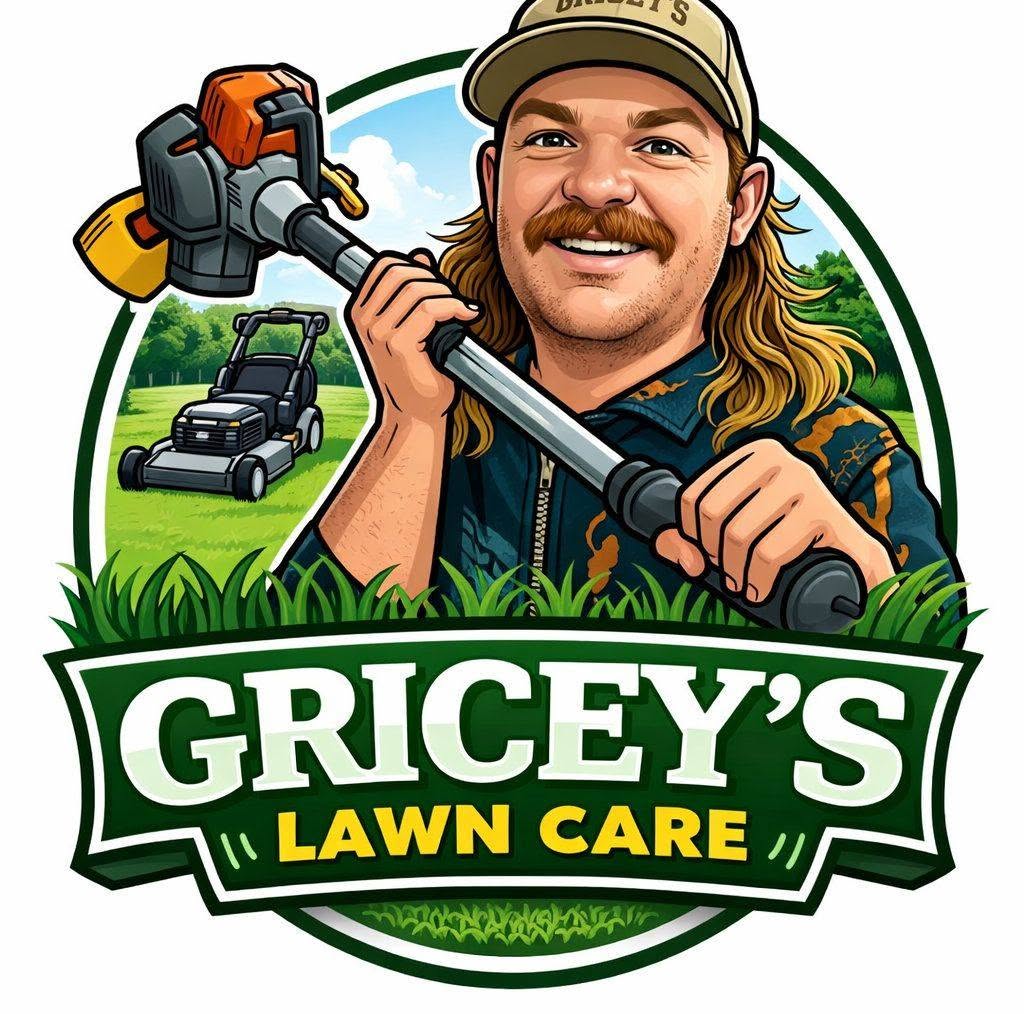 Gricey's Lawn Care original logo: a cap-wearing mascot holding a whipper snipper above the business name