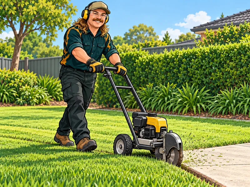 Gricey’s Lawn Care illustrated mascot edging beside a path