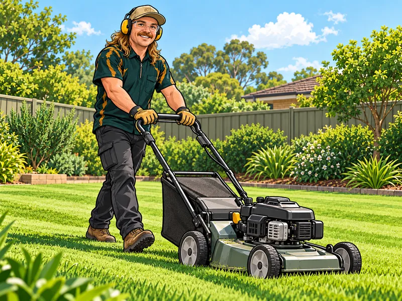 Gricey’s Lawn Care illustrated mascot mowing a lawn