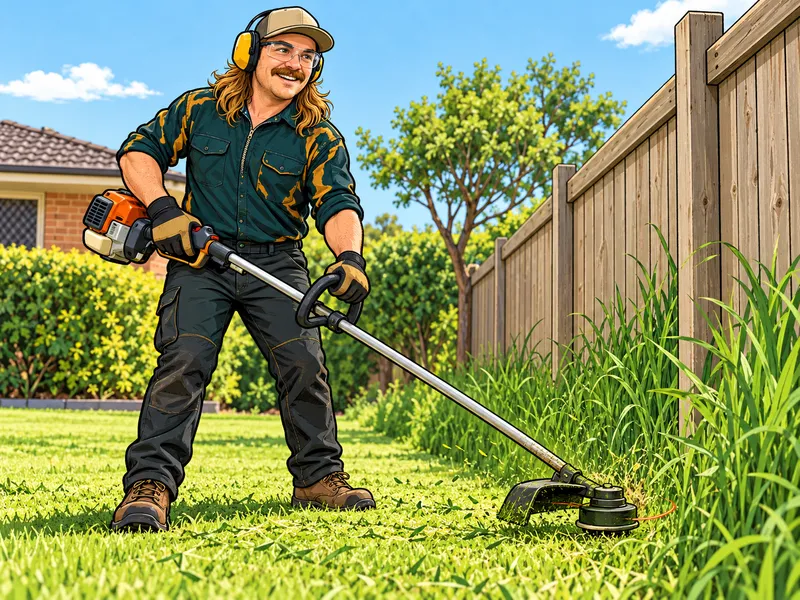 Gricey’s Lawn Care illustrated mascot whipper snipping along a fence