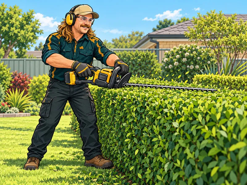 Gricey’s Lawn Care illustrated mascot trimming a hedge